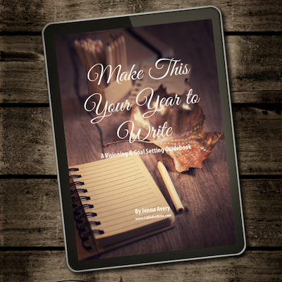 A tablet displaying the Make This Your Year To Write guidebook cover.