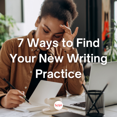 Image of a woman sitting at a desk with a laptop open in front of her while she looks at a page of a notebook that she's holding a pen to. She's holding her head in her other hand with her arm resting on the desk. Text reads: Help! I Can't Write the Same Way Anymore — 7 Ways to Find Your New Writing Practice