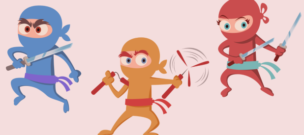 A graphic of colorful cartoon ninjas wielding weapons. There's a blue, orange, and red ninja, and they all have different eyes, eyebrows, or lashes.